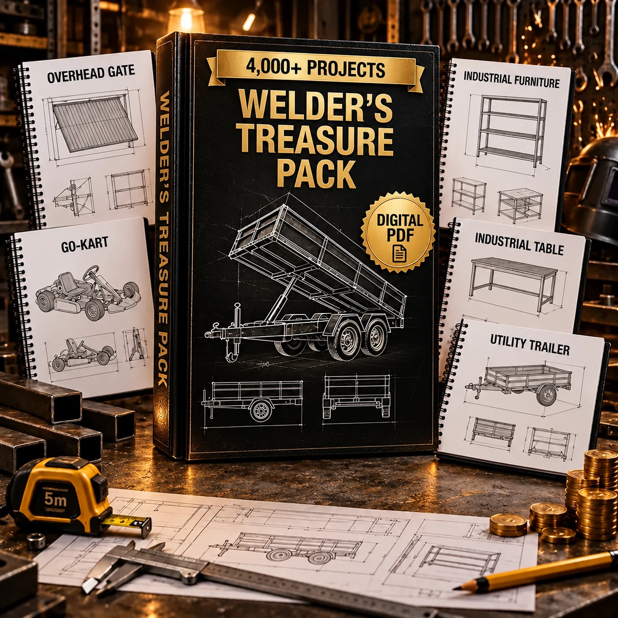 Illustrative black-and-gold Welder’s Treasure Pack digital product mockup with project booklets