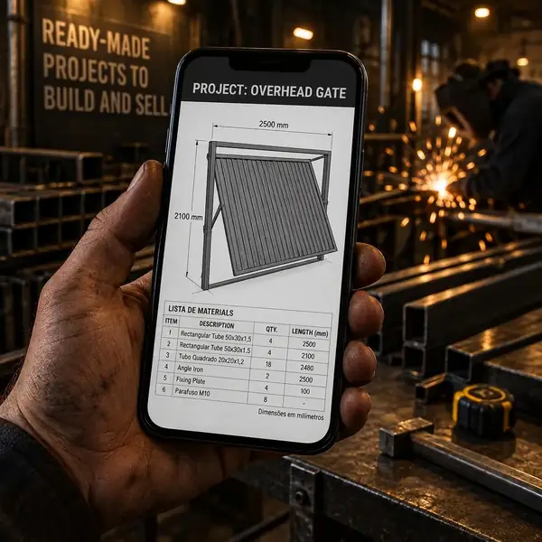 Product illustration of a phone showing a gate plan inside a workshop